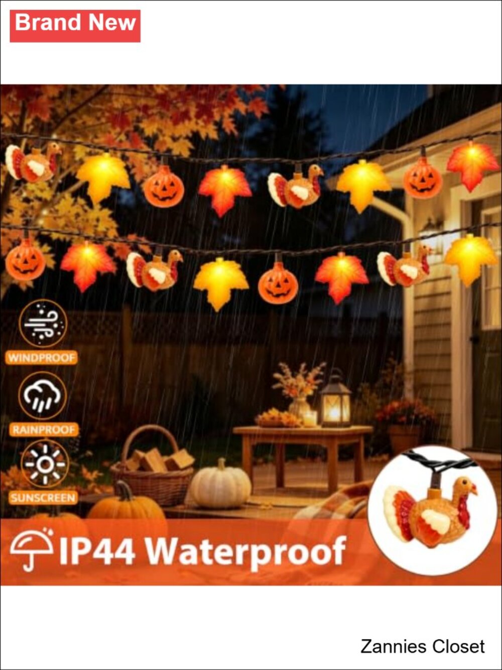 👻 8.5ft Fall Thanksgiving String Lights 10 LED Maple Pumpkin Turkey - Picture 2 of 5